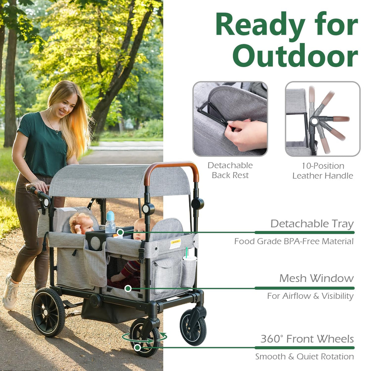 Kinder King Folding Wagon Stroller for 2 Kids, All-Terrain 2 Seater Stroller Wagon Outdoor, Removable Canopy, Adjustable Handle, Shock-Absorbing Wheel, Detachable Tray, Parent Organizer, Gray