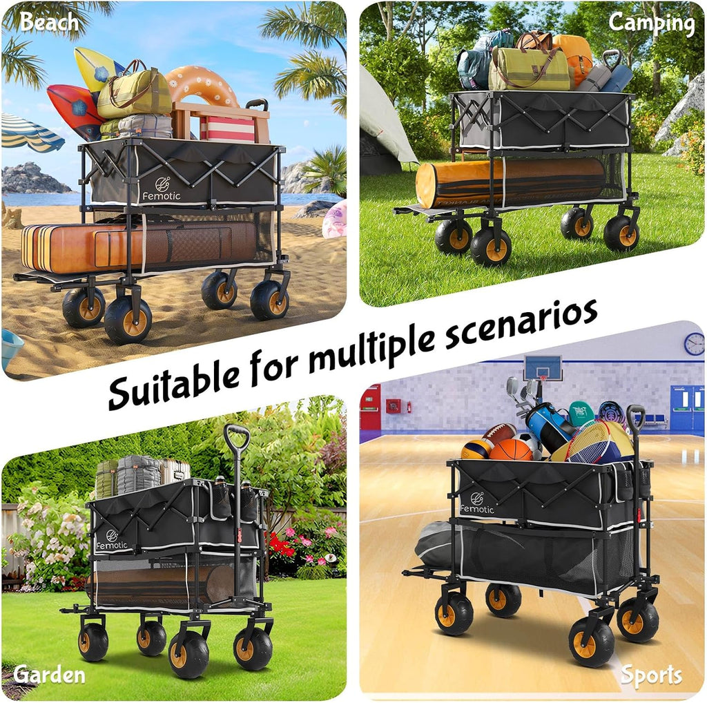 Beach Wagon with Big Wheels for Sand,Heavy Duty Double Decker Wagon with Extender,400L Extra Large Foldable Wagon Cart with 9' All Terrain Inflatable Tires,for Beach Camping Garden and Sports, Black