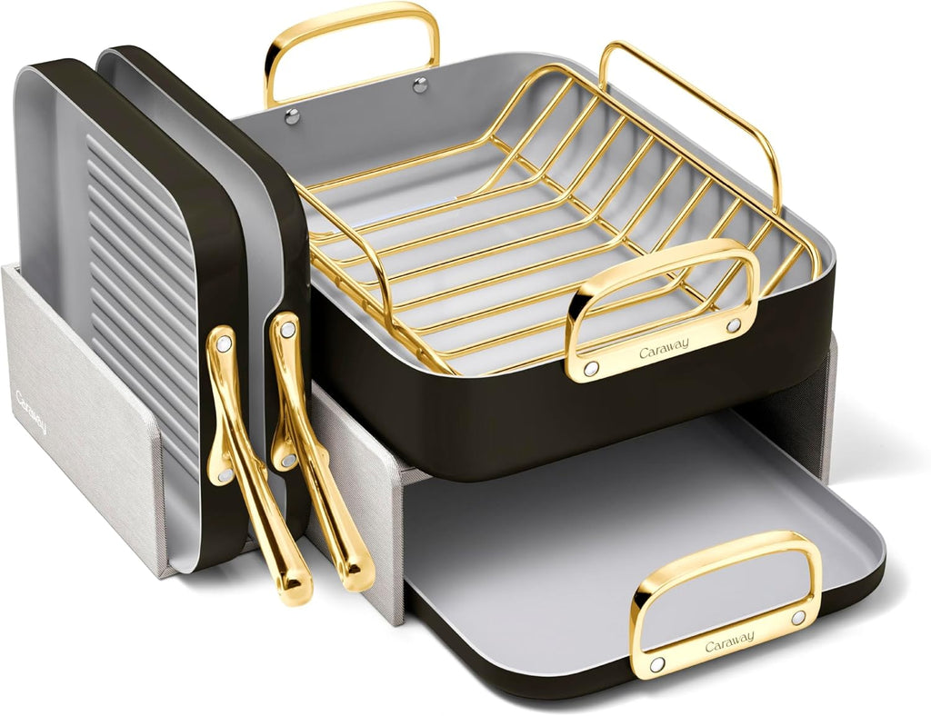 Caraway Square Cookware Set - Square Pans Set - Perfect for Griddling, Toasting, Searing, Roasting, and More - Non-Stick Ceramic Coated Pans - Non Toxic, PTFE & PFOA Free - Black