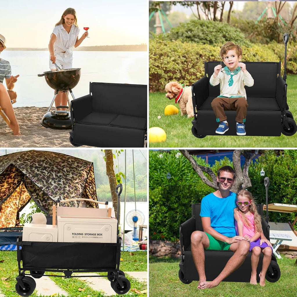 Wagon Bench Love Seat: Collapsible Heavy Duty Wagon - 500 LBS Beach Cart with Big Wheels for Sand Camping Shopping Sports