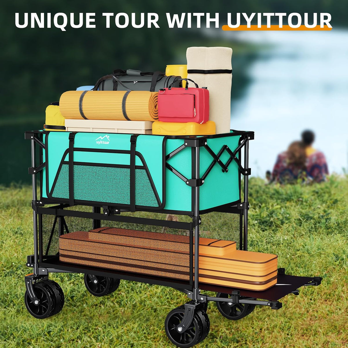Uyittour Foldable 50''L Extra Long Double Decker Wagon for Sport, 400L Collapsible Heavy Duty Wagon Cart with Big Wheels, Utility All-Terrain Large Extender Cart for Outdoors, Light Blue