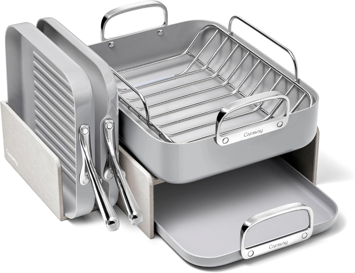 Caraway Square Cookware Set - Square Pans Set - Perfect for Griddling, Toasting, Searing, Roasting, and More - Non-Stick Ceramic Coated Pans - Non Toxic, PTFE & PFOA Free - Gray