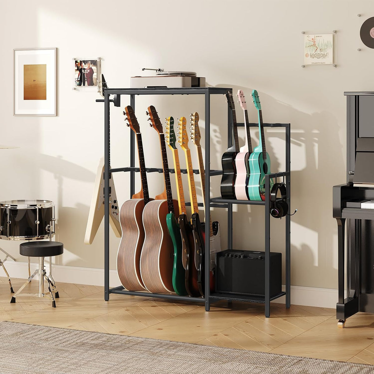 MAHANCRIS Mobile Printer Stand and Guitar Stand Bundle, 3-Tier Industrial Printer Cart with Power Outlets, with Guitar Accessory Holder, EVA Cover, for Home Studio, PTHB78E01-GSHB8701
