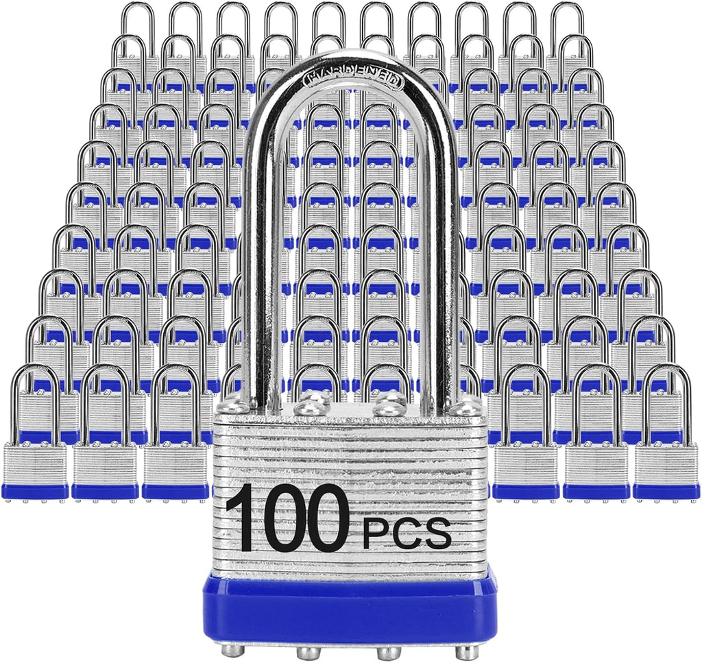 Padlocks with Same Key, LQYN 100 Pcs Laminated Keyed Padlock (1-9/16', 40mm), Keyed Alike Locks, Long Shackle, for Storage Locker, Hasp Latch, Toolbox, Sheds