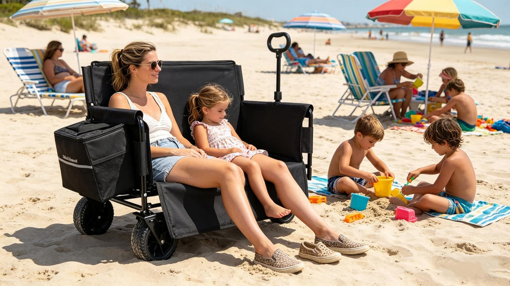 3-in-1 Convertible Folding Wagon Cart with Bench Seat & Storage - Includes 1 ice Pack, 500lbs Heavy-Duty Utility Wagon, All-Terrain Wheels for Camping, Beach, Sports, Garden (Black)