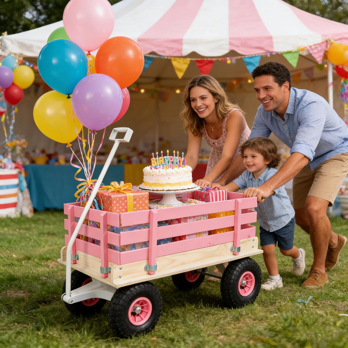 Garden Cart with Removable Side Panels, 176 lbs Capacity - Heavy-Duty Steel Yard Cart with Pneumatic Tires, Ideal for Gardening, Beach Use, and More (Pink-White Handle)