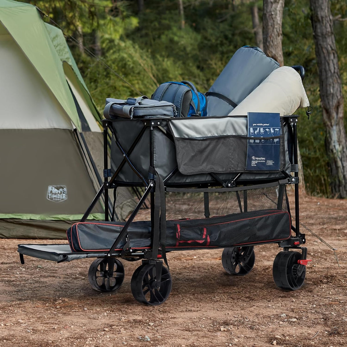 TIMBER RIDGE 400L Large Capacity Folding Double Decker Wagon with Brakes, 54' Extra Long Extender Wagon Cart, 450lbs Heavy Duty Collapsible Cart, All-Terrain Big Wheels for Camping, Sports, Shopping