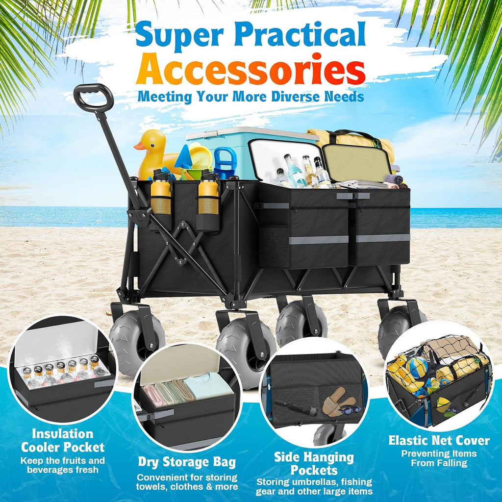 Heavy Duty Beach Wagon with 9' Big Wheels for Sand - 450lbs Load Foldable Wagon with Adjustable Handle & Cooler Bag, Collapsible Beach Cart for Shopping Garden Sports Camping Outdoor