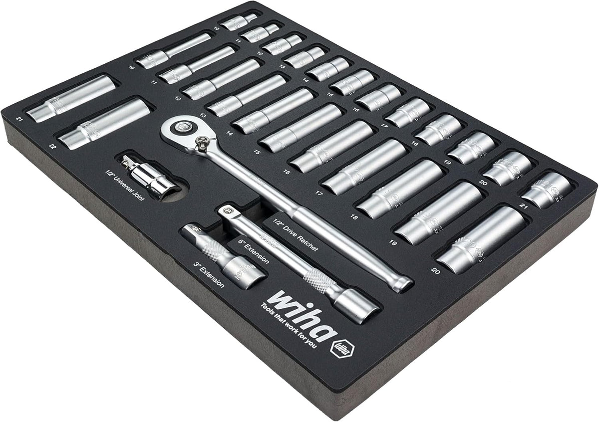Wiha 33895 29 Piece 1/2' Drive Professional Standard and Deep Socket Tray Set - Metric
