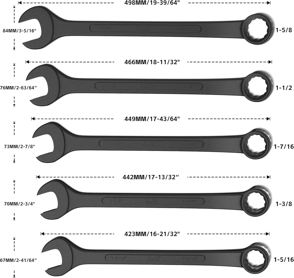 KJE 10-Piece SAE Black-Oxide Jumbo Combination Wrench Set, Open-End large Wrench, big Wrench Set, SAE Sizes 1-5/16' - 2' for Large Vehicles