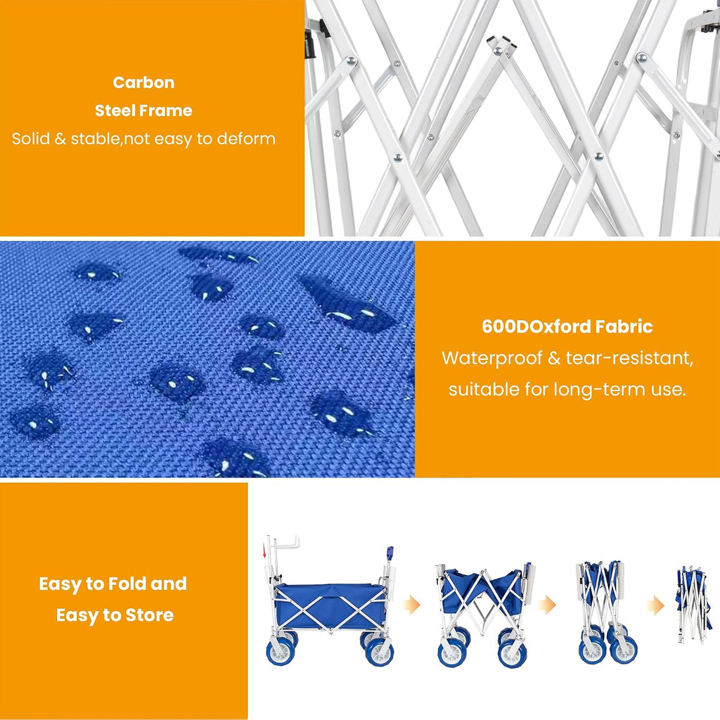 Beach Fishing Wagon Cart with All-Terrain Big Wheels, 500lbs Load, Heavy Duty Wagons Carts Foldable with Removable Cooler & Storage Bags for Shopping Garden Sports Camping Outdoor (Blue)