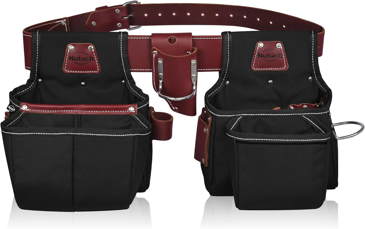 Nylon and Leather Tool Belt | Nylon Tool Pouch | Carpenter | Construction | Framers | Electrician Tool Belts | Drywall Tool Bags (BLACK)