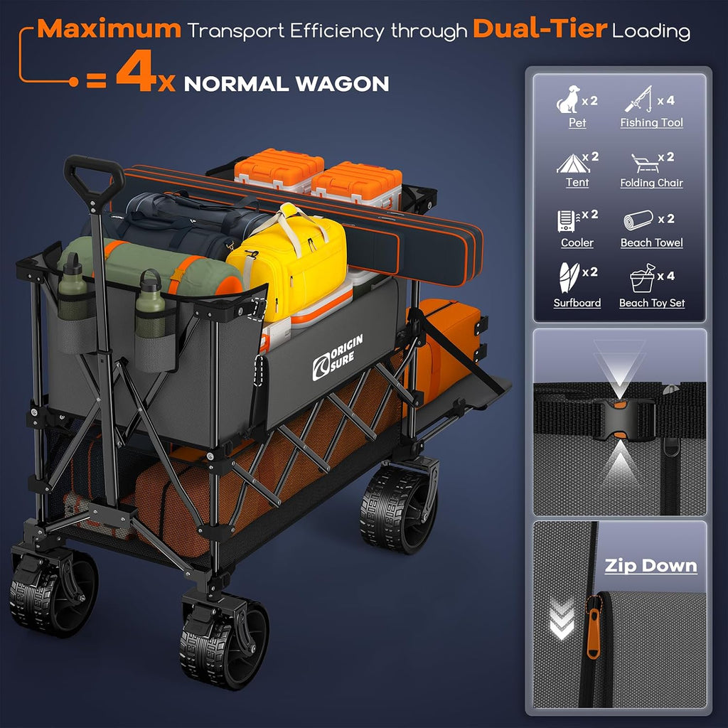 Originsure 400L Double Decker Wagon Collapsible with 54' L Tailgate, 560lbs Heavy Duty Carts Foldable, Extra Large Folding Beach Wagon with Big All-Terrain Wheels for Camping, Sports, Groceries, Grey