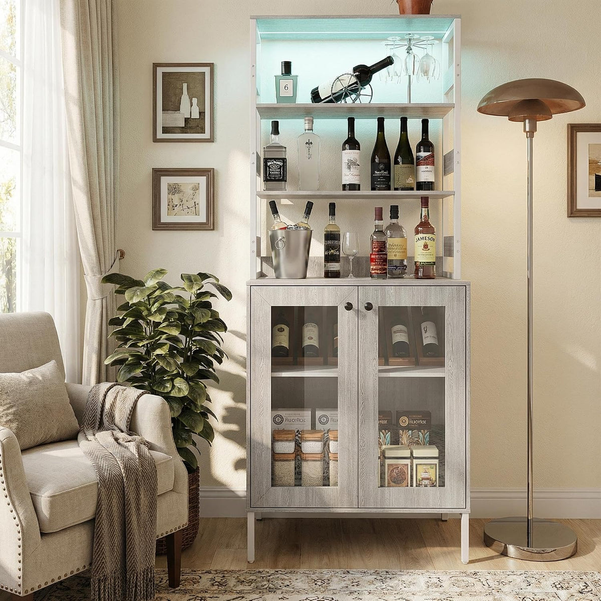 IDEALHOUSE 67' Tall Wine Bar Cabinet for Liquor and Glasses,Farmhosue Coffee Bar Cabinet,Pantry Storage with RGB LED Lights,Power Outlet,Adjustable Shelves,for Home,Dining Room,Kitchen(Grey)