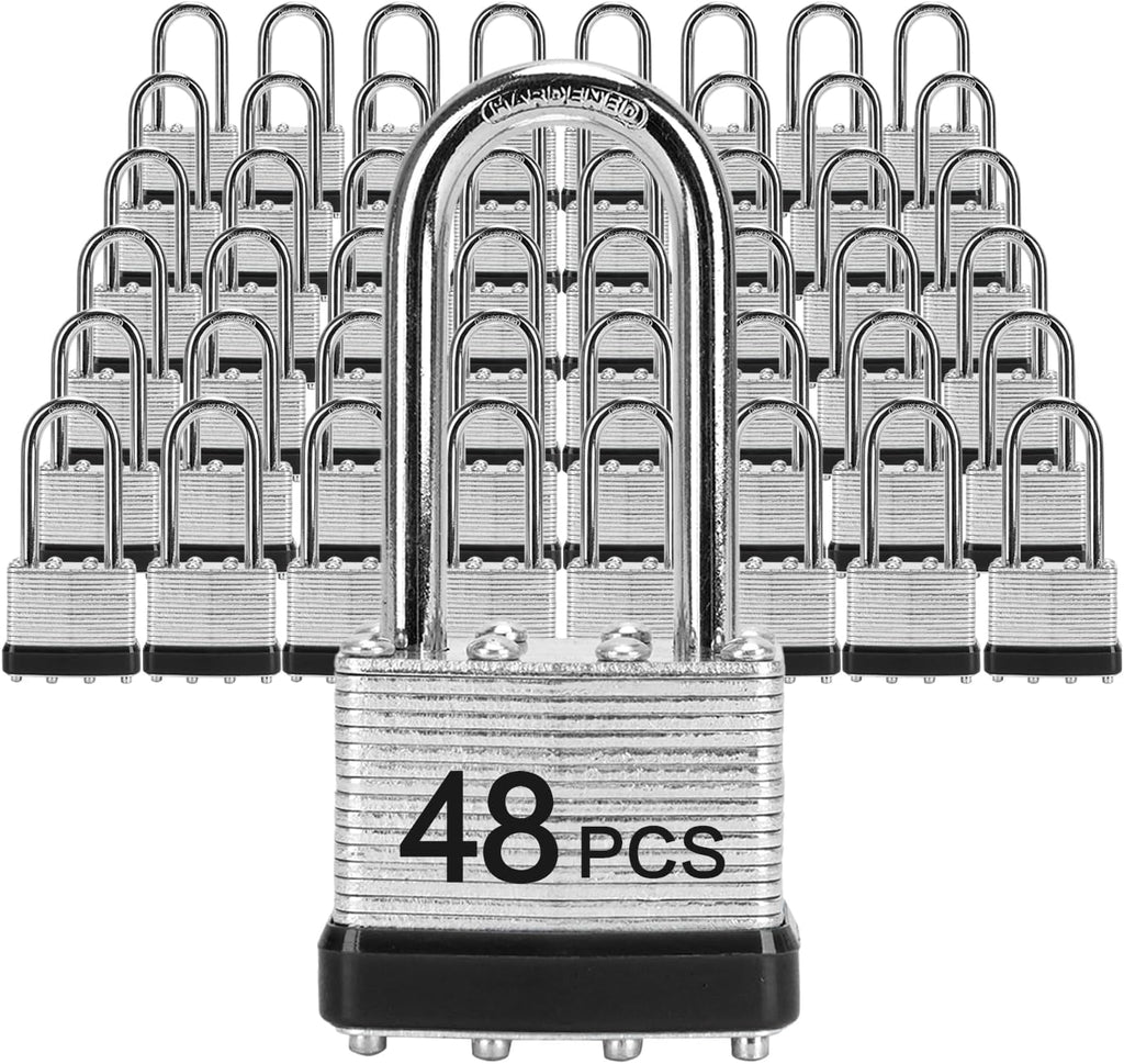Padlocks with Same Key, LQYN 48 Pcs Laminated Keyed Padlock (1-9/16', 40mm), Keyed Alike Locks, Long Shackle, for Storage Locker, Hasp Latch, Toolbox, Sheds