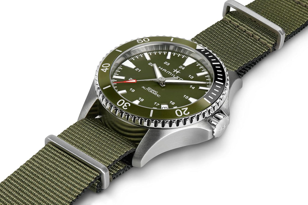 Hamilton Khaki Navy Automatic Men's Watch, 40mm Stainless Steel Case, Swiss Made, Green Dial Analog Wrist Watch for Men, 100m Waterproof, Sapphire Crystal, 3-Hand Movement, Textile Strap