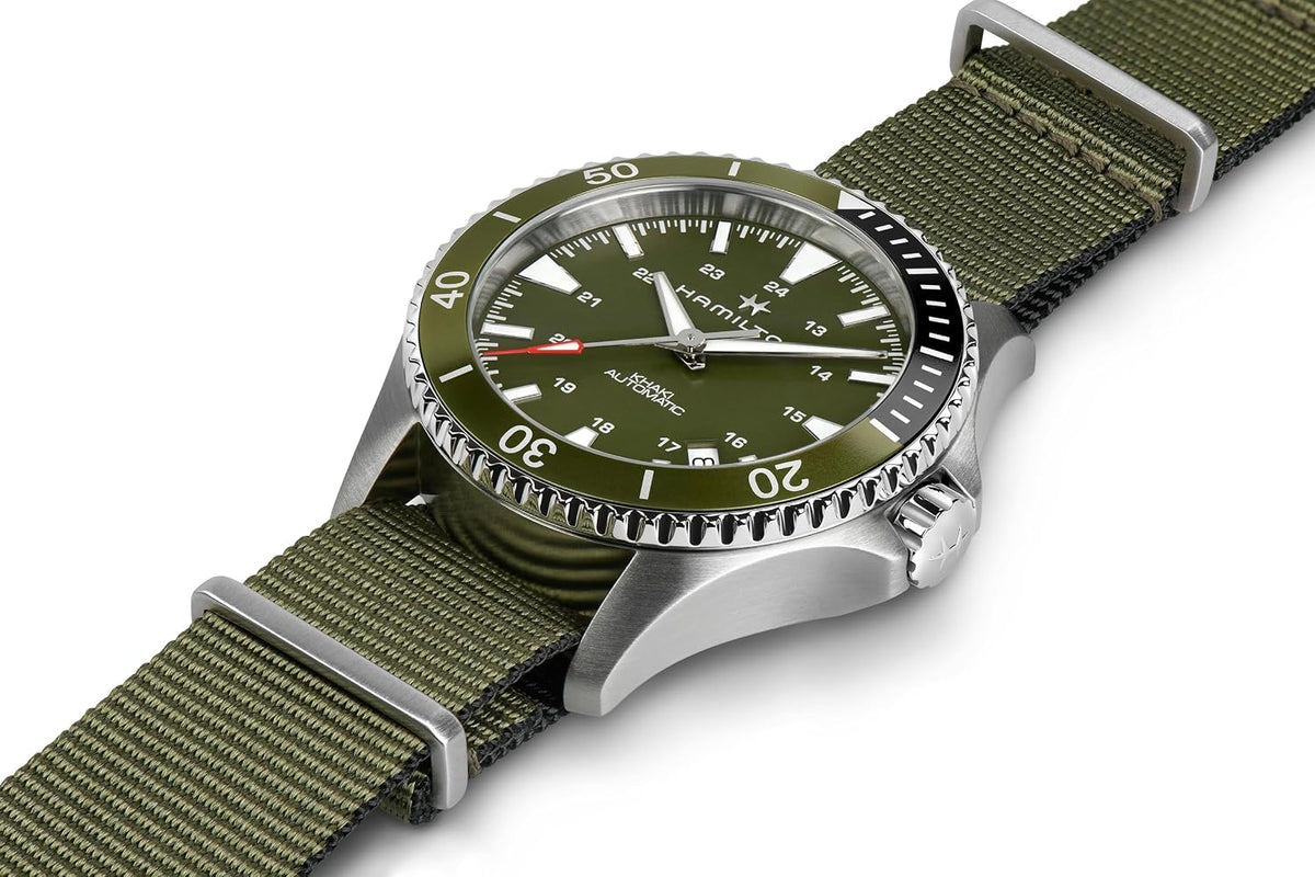 Hamilton Khaki Navy Automatic Men's Watch, 40mm Stainless Steel Case, Swiss Made, Green Dial Analog Wrist Watch for Men, 100m Waterproof, Sapphire Crystal, 3-Hand Movement, Textile Strap