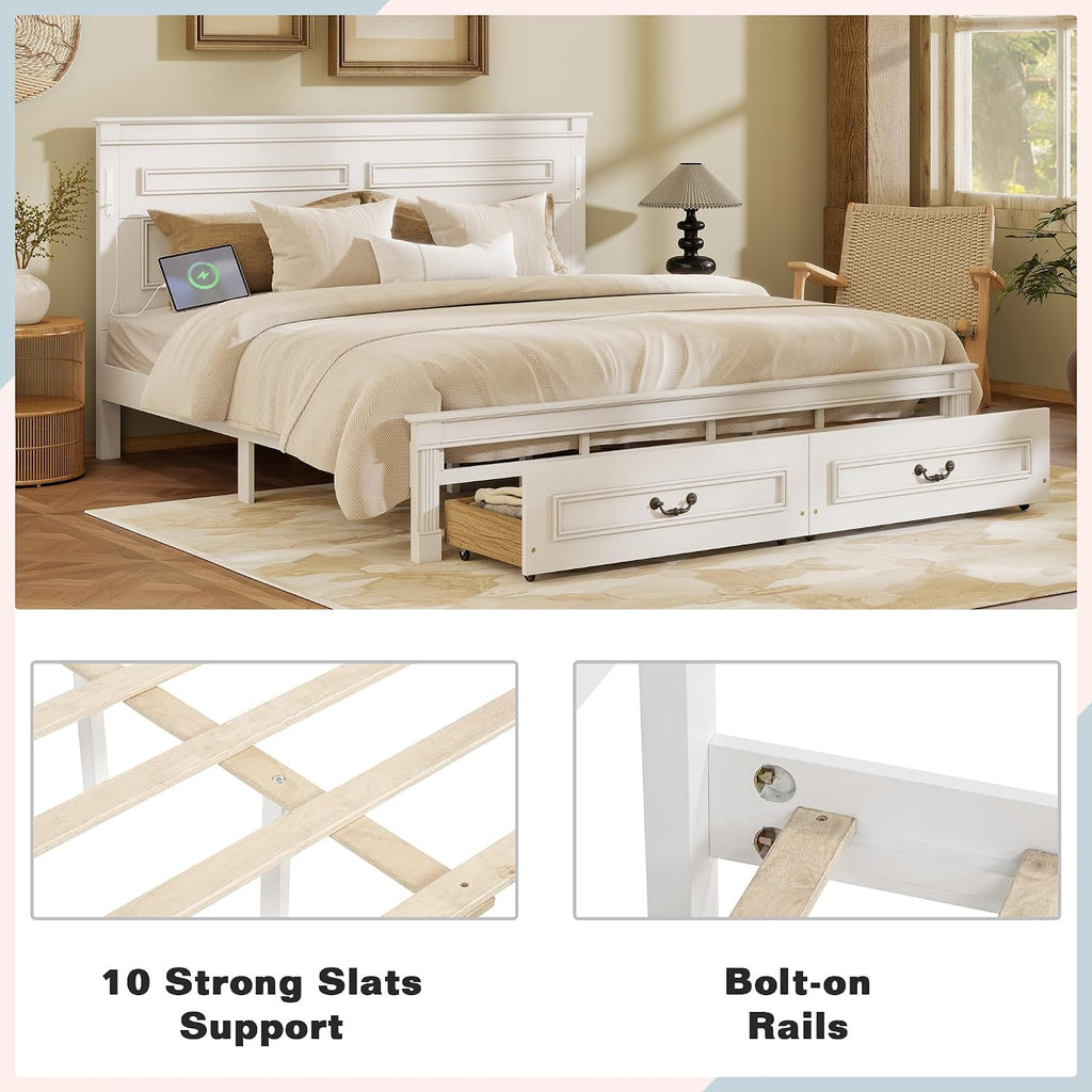 King Size Platform Bed with 2 Drawers, LED Light & Charging Station, Sturdy Wood Bed Frame with Headboard, No Box Spring Needed, Elegant Rustic Style, White