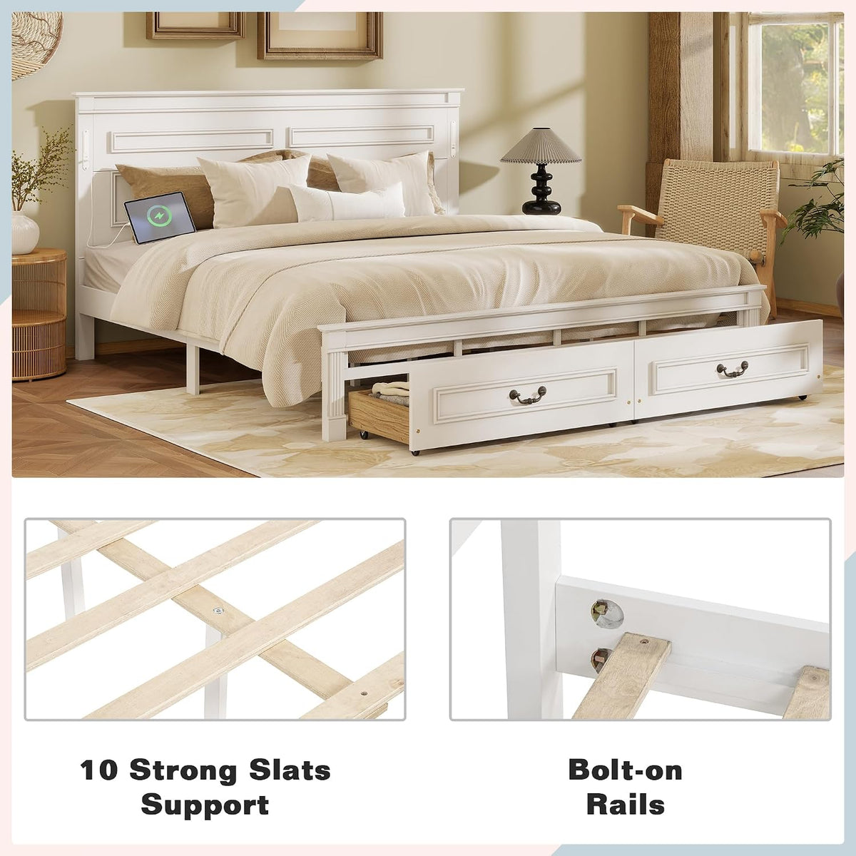 King Size Platform Bed with 2 Drawers, LED Light & Charging Station, Sturdy Wood Bed Frame with Headboard, No Box Spring Needed, Elegant Rustic Style, White