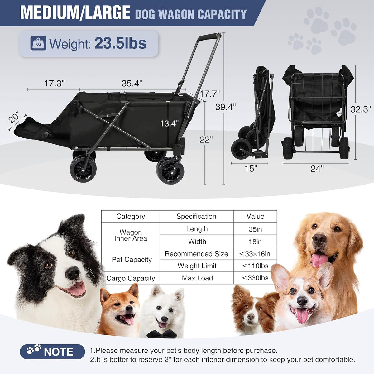 REDCAMP Collapsible Beach Wagon Dog Stroller with Tailgate, 330lbs Heavy Duty Folding Utility Beach Cart with Cooler Bag for Sand Camping Sports Shopping, Black