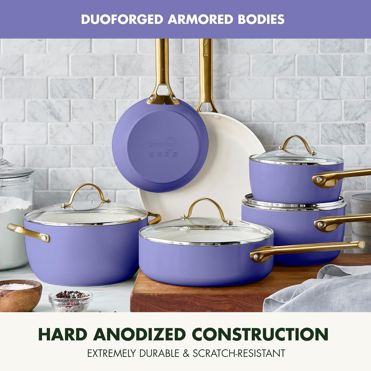 GreenPan Hard Anodized Healthy Ceramic Nonstick 10 Piece Cookware Pots and Pans Set, Gold Handle, PFAS-Free, Dishwasher Safe, Oven Safe, Periwinkle