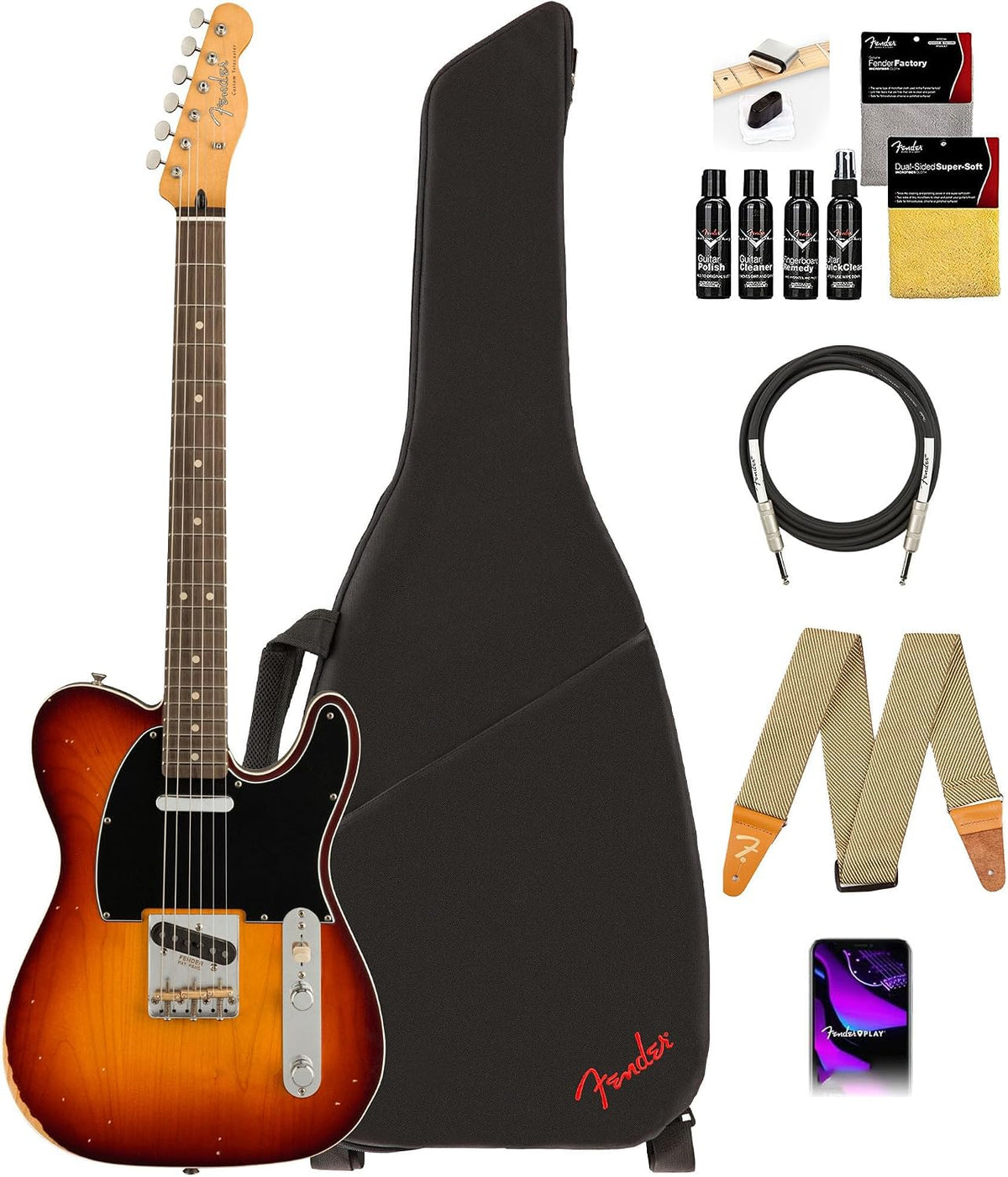Fender Jason Isbell Custom Telecaster- 3-Color Chocolate Burst Bundle with Gig Bag, Strap, Cable, and Guitar Cleaning Kit
