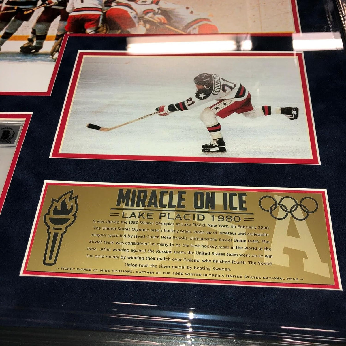 MIKE ERUZIONE SIGNED 1980 Miracle on Ice TEAM USA FRAMED GOLD MEDAL TICKET BAS - Autographed Olympic Tickets