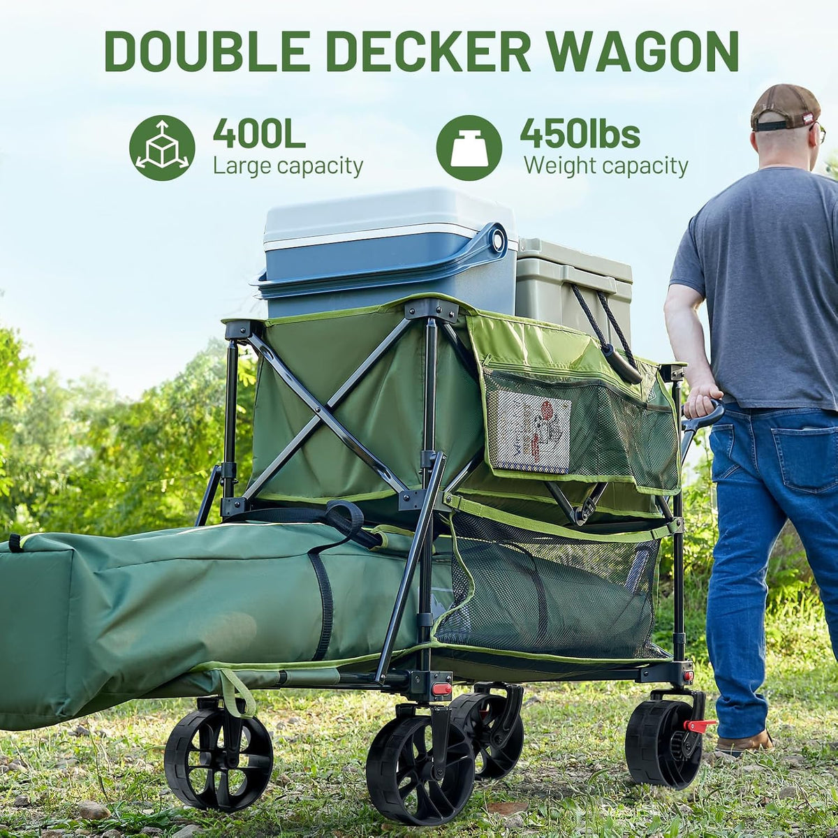TIMBER RIDGE 400L Large Capacity Folding Double Decker Wagon with Brakes, 54' Extra Long Extender Wagon Cart, 450lbs Heavy Duty Collapsible Cart, All-Terrain Big Wheels for Camping, Sports, Shopping