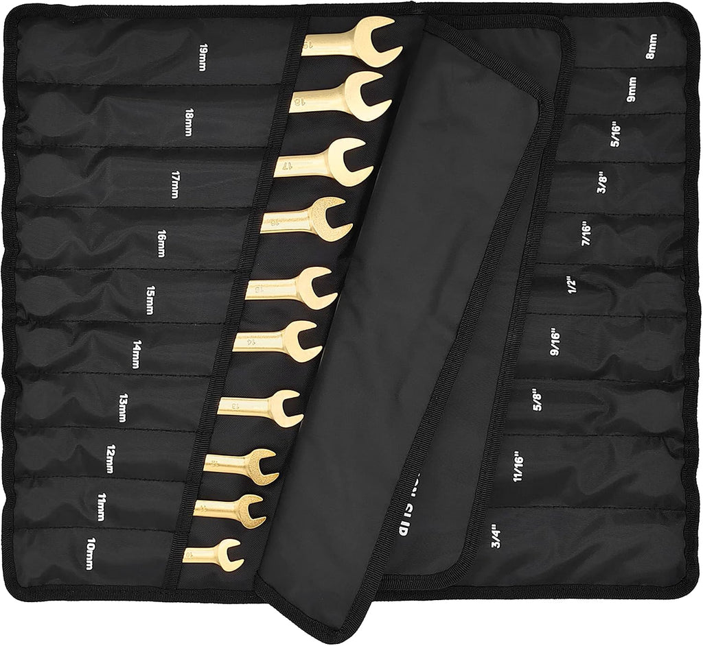STARWORK 20 Pc. 6-Point SAE, Metric 15° Offset Vintage G-Plating Reversible Non-Slip Long Pattern Ratcheting Combination Wrench Set (5/16' -3/4' & 8-19 mm)