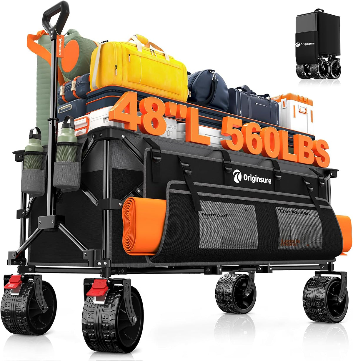 Originsure 48' L Collapsible Wagon Cart Foldable, 560lbs Weight Capacity 300L Heavy Duty Folding Beach Wagons with Big All-Terrain Wheels, Utility Carts for Groceries, Camping, Sports - Grey&Black