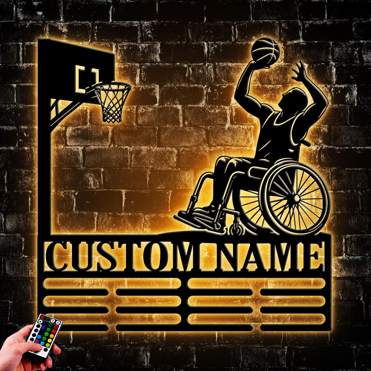 Custom Wheelchair Basketball Medal Holder LED Light, Wheelchair Basketball Player Name Medal Hanger Display, Rack For Tiered Award Ribbon, Metal Sign Gift For Athlete