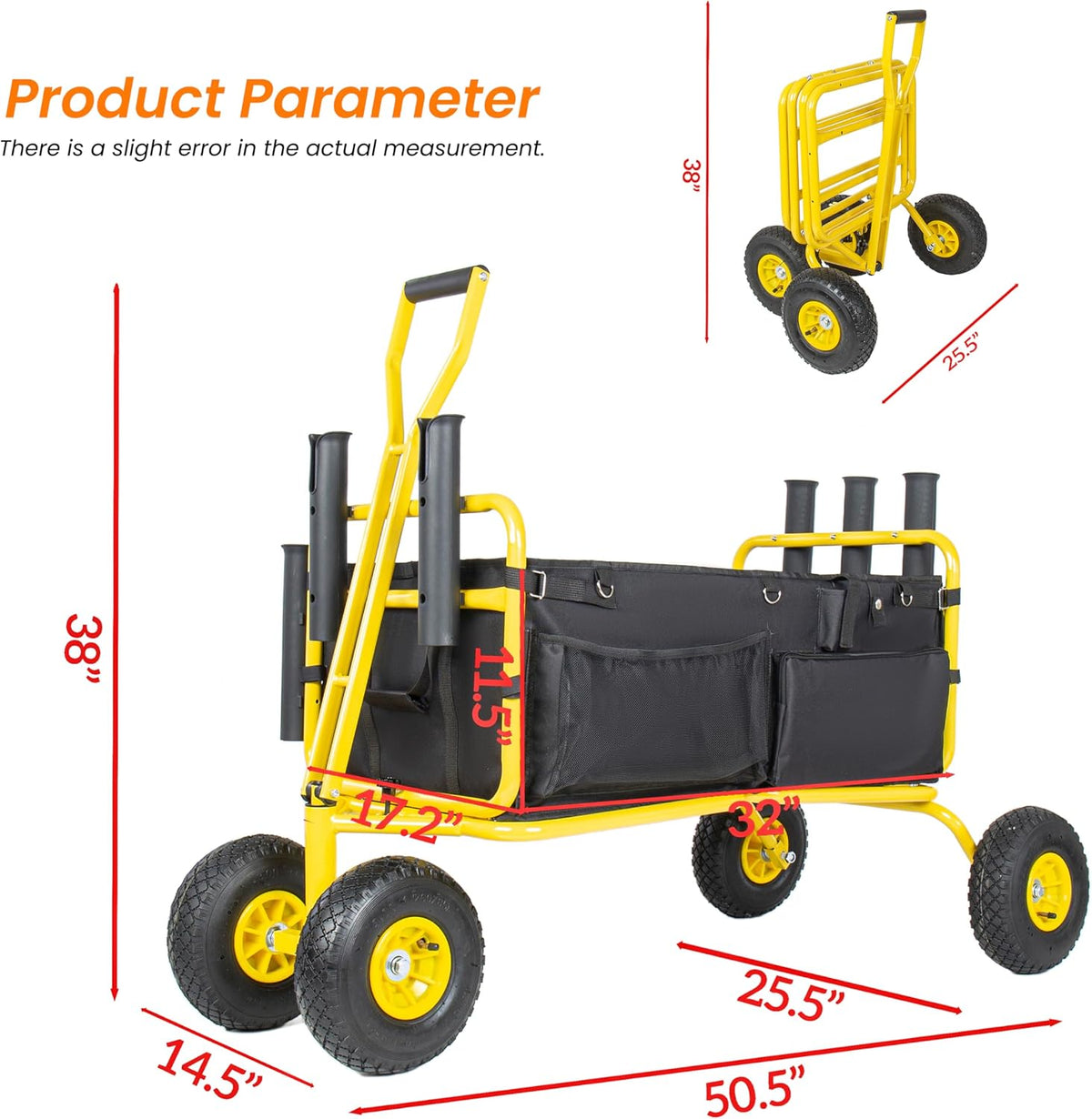 Fishing Cart Beach Cart Collapsible Wagon with 9.85' All-Terrain Wheels for Sand, Heavy Duty Foldable Utility Cart 550LBS Capacity with Rod Holders for Camping, Garden, Grocery, Outdoor Sports(Yellow)