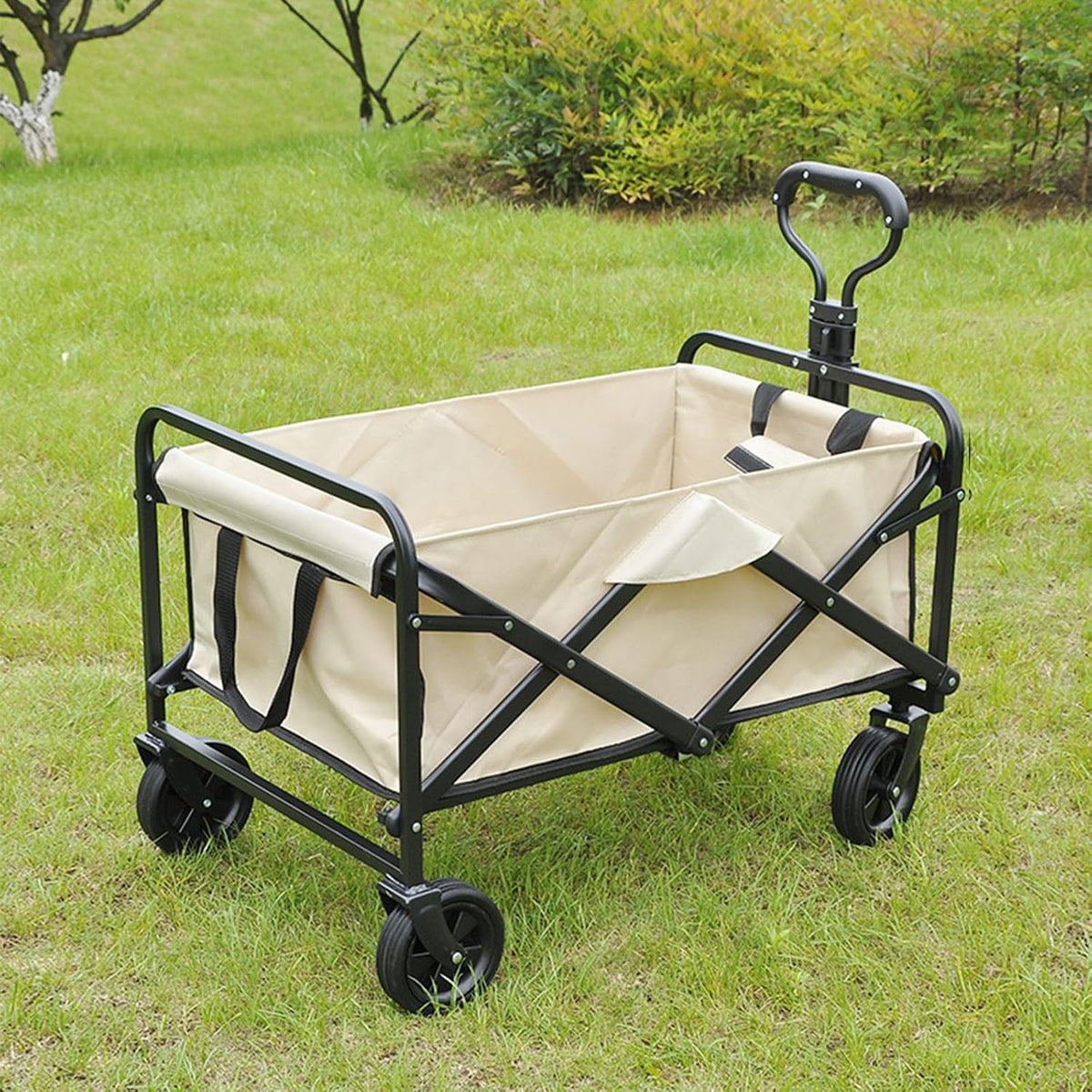 Collapsible Wagon Garden Cart,Folding Garden Carts,Beach Wagon Grocery Wagon All-Terrain Wagon Sports Beach Wagon Cart Rubber Wheel Universal Wheel Camping Cart with Folding Panels,(c) beige