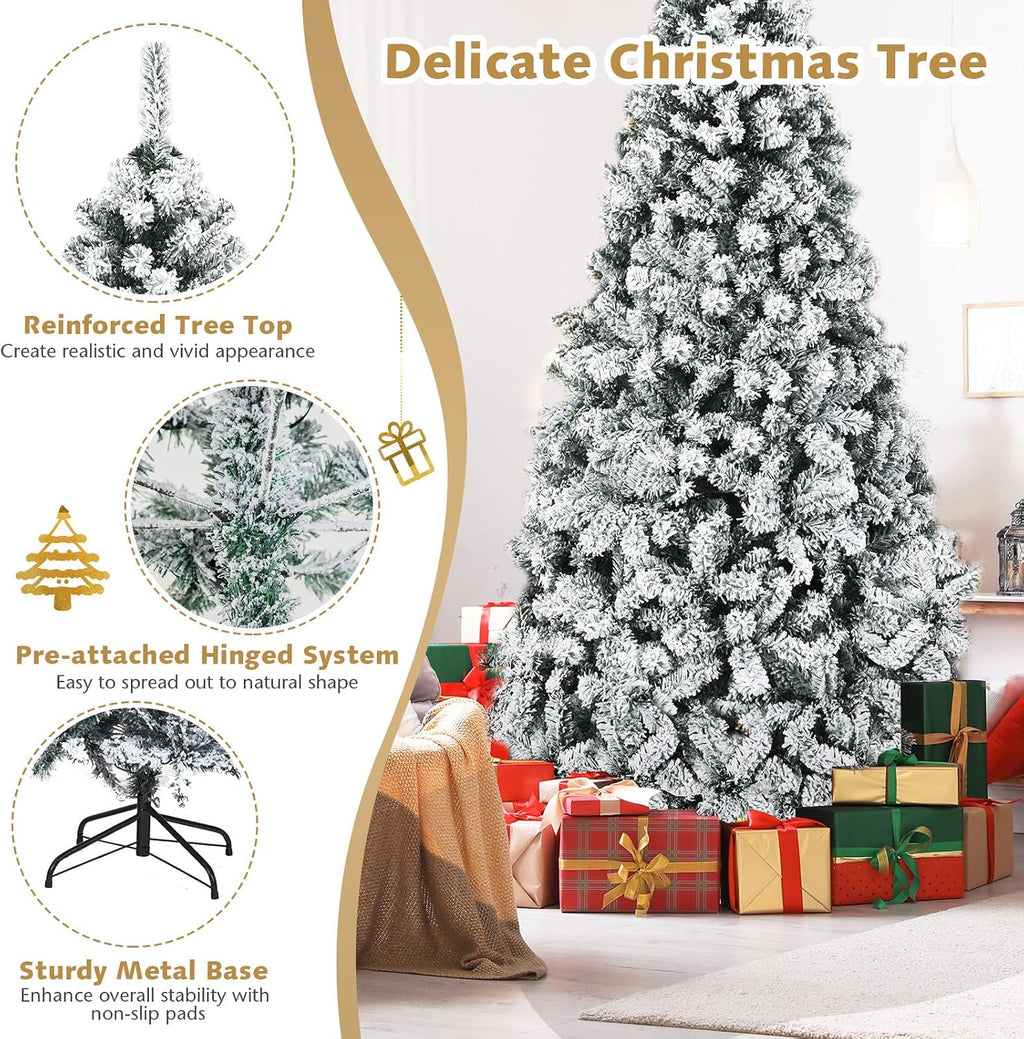 COSTWAY 7.5 FT Pre-Lit Christmas Tree, Snow Flocked Hinged Xmas Tree with 1010 Branches Tips & 450 LED Lights, Metal Stand, Artificial Pine Lighted Holiday Tree for Home Office Decorations