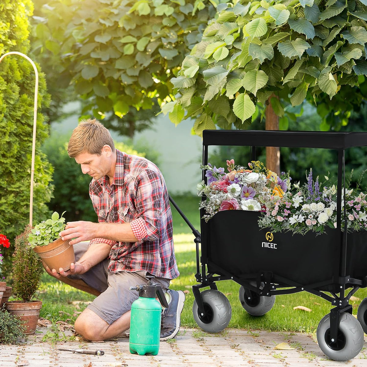 Nice C Beach Wagon with Canopy, Beach Cart with Ballon Wheels for Sand + Nice C Chair with Canopy, Chair with Shades, Sports Chairs, w/Removable Footrest, Cooler Bag, Cup Holder