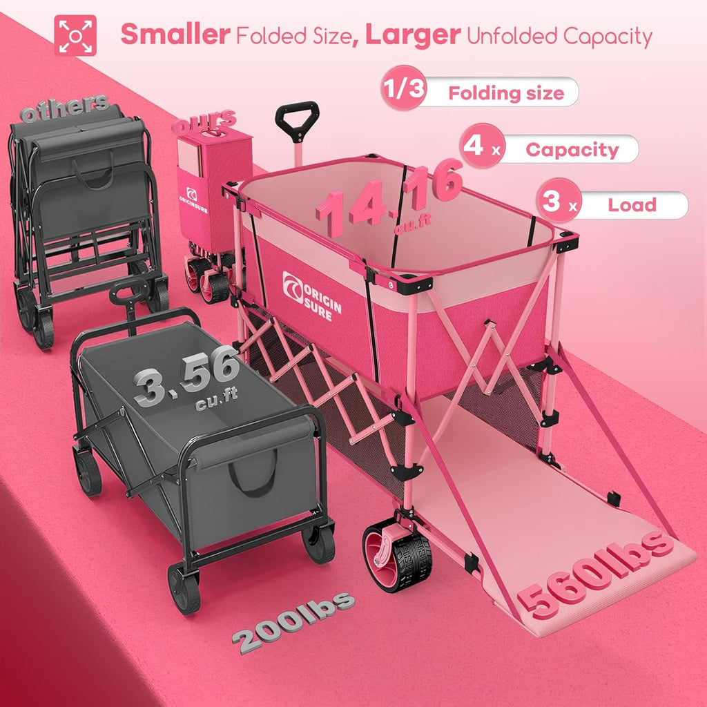 400L Double Decker Wagon Collapsible with 54' L Tailgate, 560lbs Heavy Duty Wagons Carts Foldable, Extra Large Folding Beach Wagon with Big All-Terrain Wheels for Camping, Sports, Groceries, Pink
