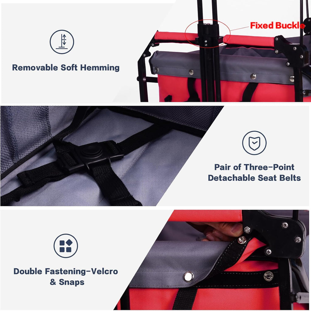 Collapsible Wagon Cart with Removable Canopy, Heavy Duty Foldable Wagon with 4' Large All Terrain Wheels, Brake, Cooler Bag, Adjustable Handles for Garden Beach Sports (Red)