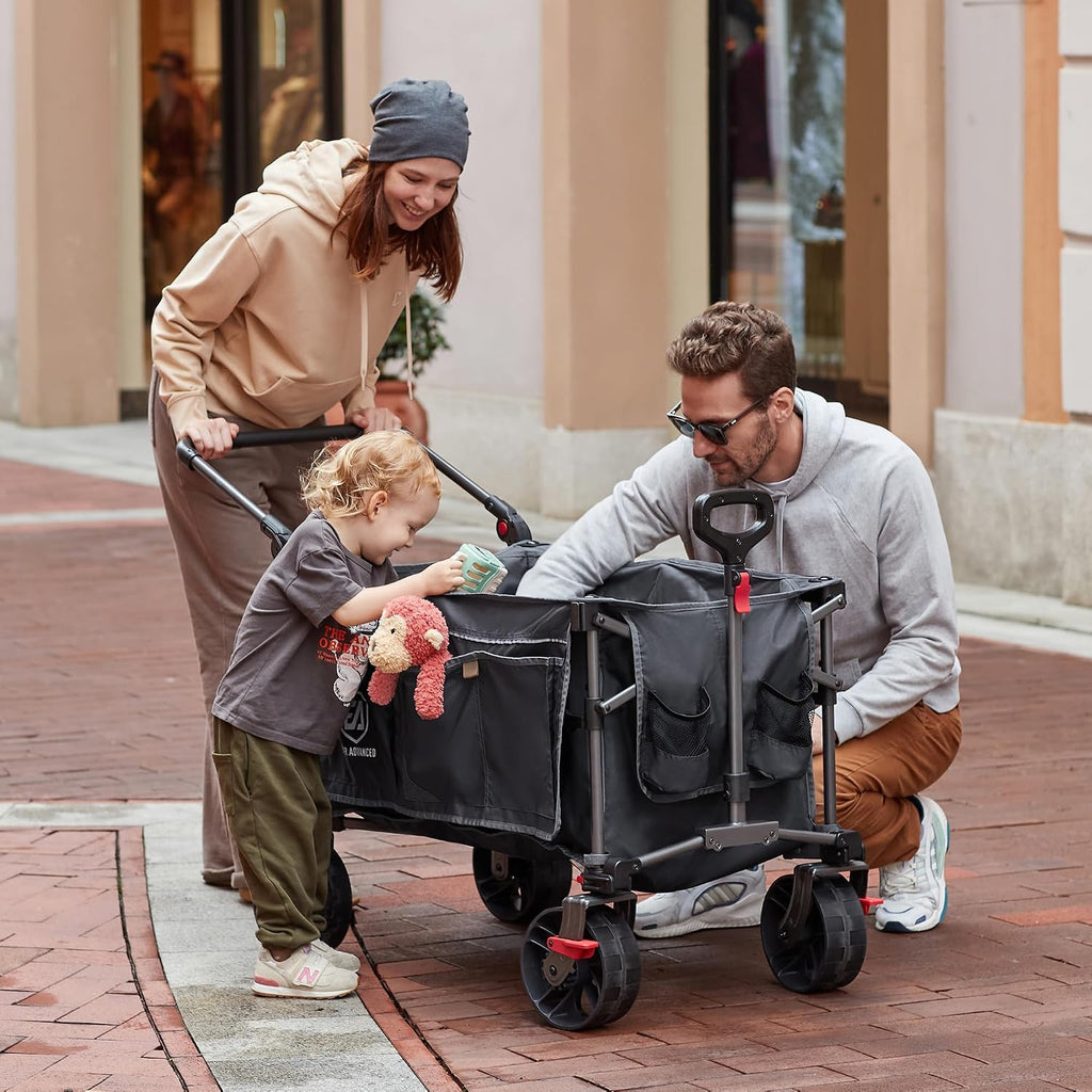 EVER ADVANCED Folding Push Wagon with Brakes, Portable Shopping Cart, Collapsible Wagon Cart with All-Terrain Big Wheels for Camping, Beach, Sports