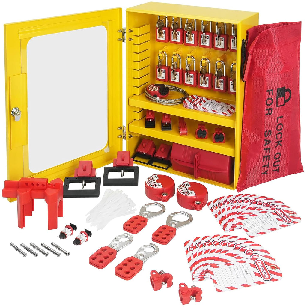 Happybuy Electrical Lockout Tagout Kit, 59 PCS Safety Lockout Tagout Station with Padlocks, Hasps, Tags, Ties, Plug Lockout, Circuit Breaker Lockouts, Valve Lockouts, Cable Lockout, Lockout Bag, Box