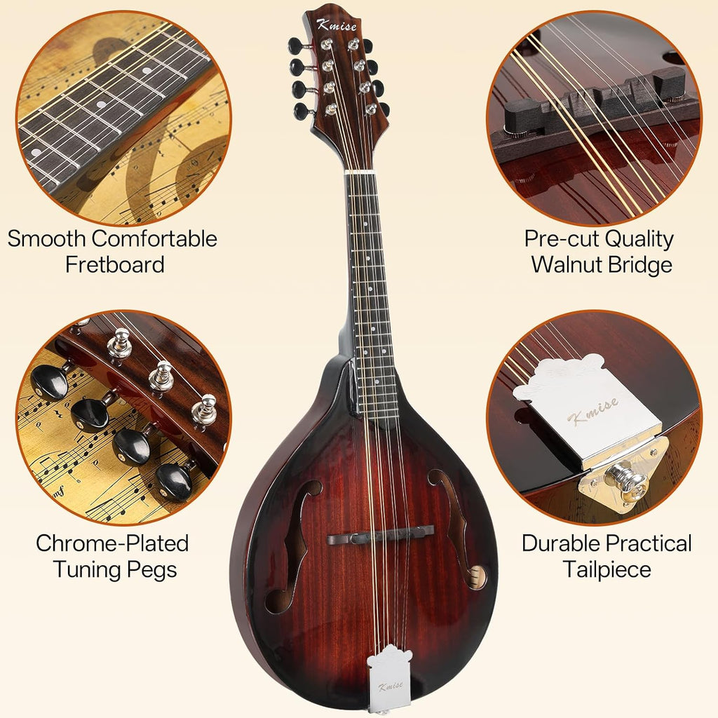 Mandolin Musical Instrument A Style, Acoustic Mandolins Instrument Kit 8 String with Tuner Strap Gig Bag Chord Chart for Professional Beginners Adults Teens Youth