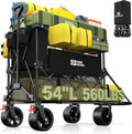 Hikemoon 400L Double Decker Wagon with Tailgate 54'' Extra Long, 560LBS Heavy Duty Wagons Carts Foldable, Big All-Terrain Wheels with Brakes, Utility Folding Cart for Beach, Camping, Sports, Black