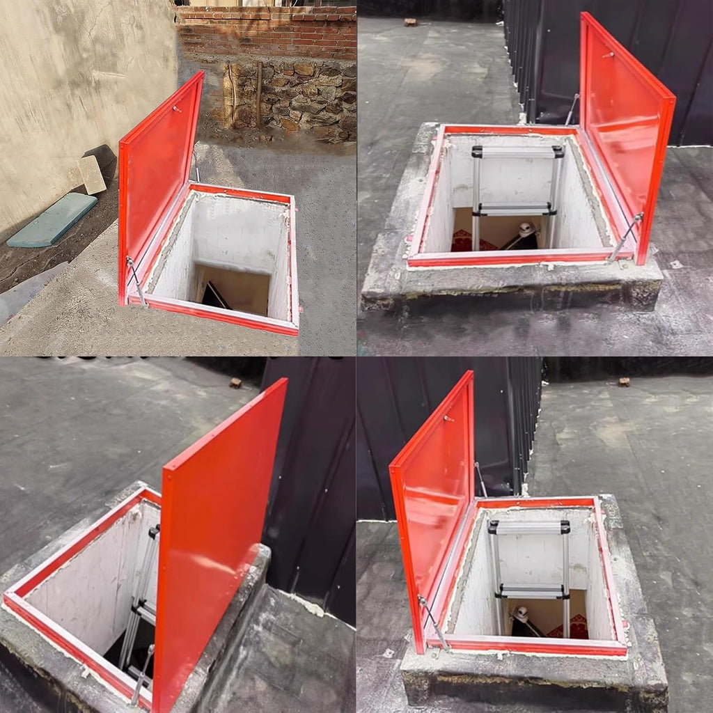 Outdoor Metal Attic Roof Hatches, Red Rectangular Basement Exit Covers with Hasp Latch Gas Shock Strut, Heavy Duty Roof Hatch Cover Plate