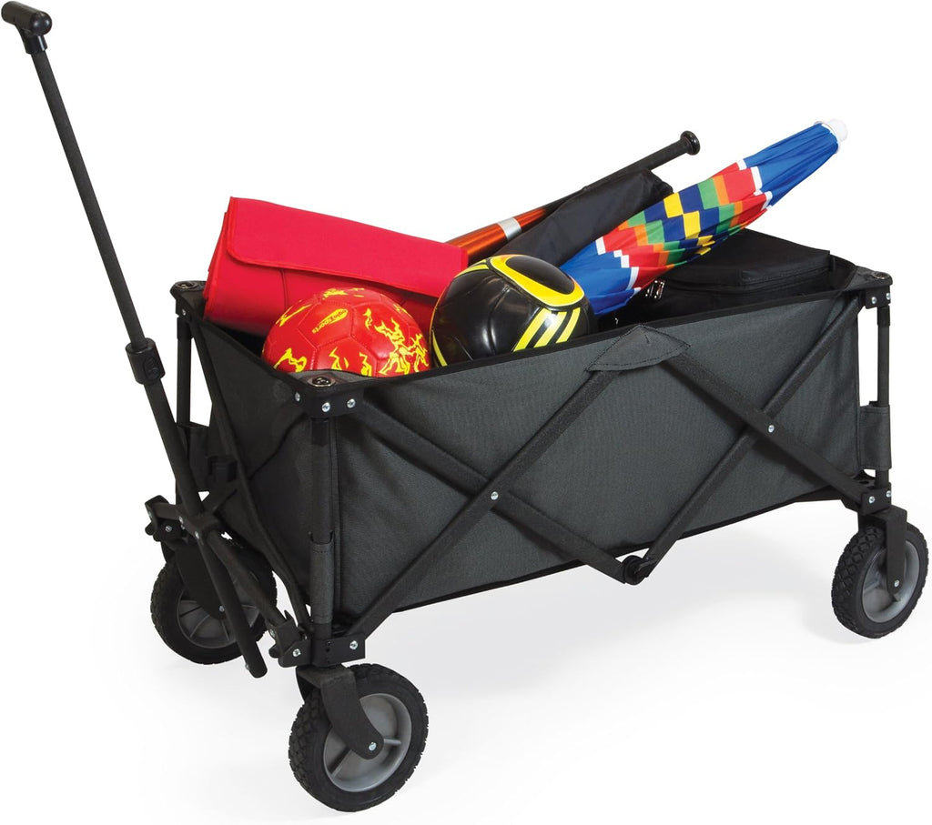 PICNIC TIME Adventure Collapsible Folding Wagon, Outdoor Collapsible Wagon, Portable Cart with Wheels, All-Terrain Trolly Cart with Storage Cover and Handle, Supports 225 lbs Weight, (Dark Gray)
