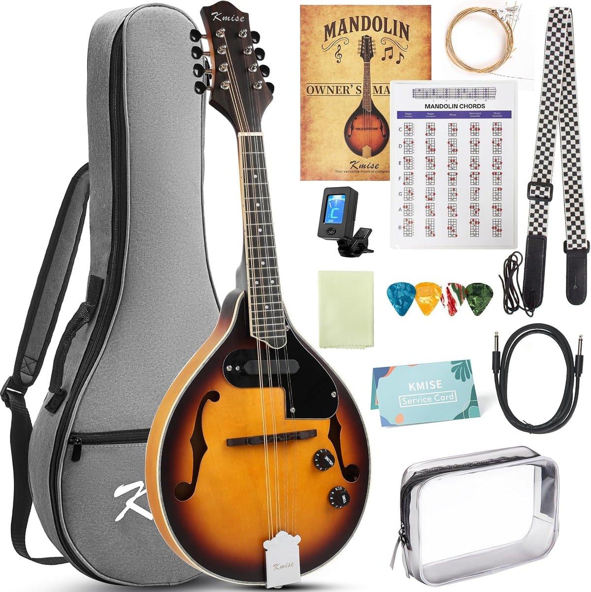 Mandolin Instrument A Style, Electric Acoustic Mandolins Instrument Kit 8 String with Tuner Strap Gig Bag Chord Chart for Beginners Adults Teens Youth Kid