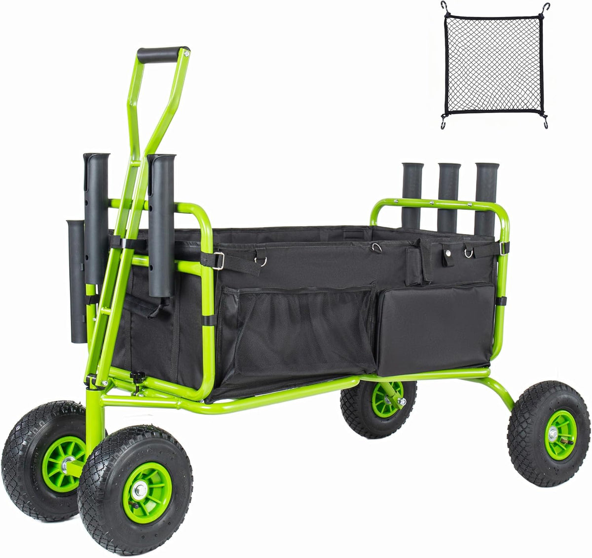 Fishing Cart Beach Cart Collapsible Wagon with 9.85' All-Terrain Wheels for Sand, Heavy Duty Foldable Utility Cart 550LBS Capacity with Rod Holders for Camping, Garden, Grocery, Outdoor Sports(Green)