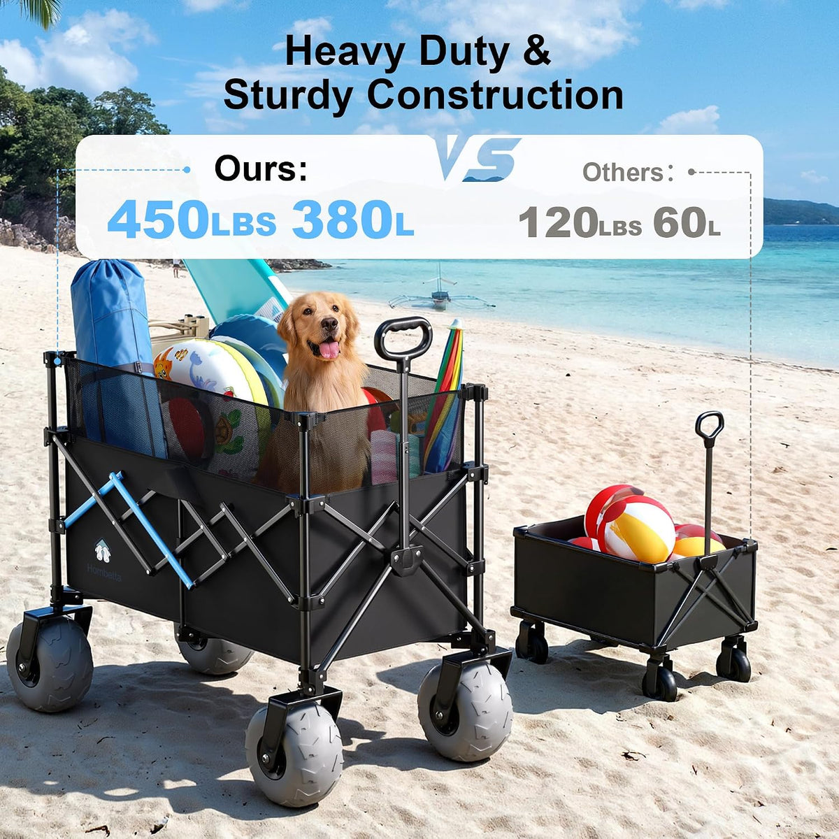 Beach Wagon with Big Wheels for Sand, 450LBS Heavy Duty Foldable Collapsible Wagons Carts with 9' All Terrain Inflatable Tires, Adjustable Capacity 200L–380L for Groceries, Camping, Sports