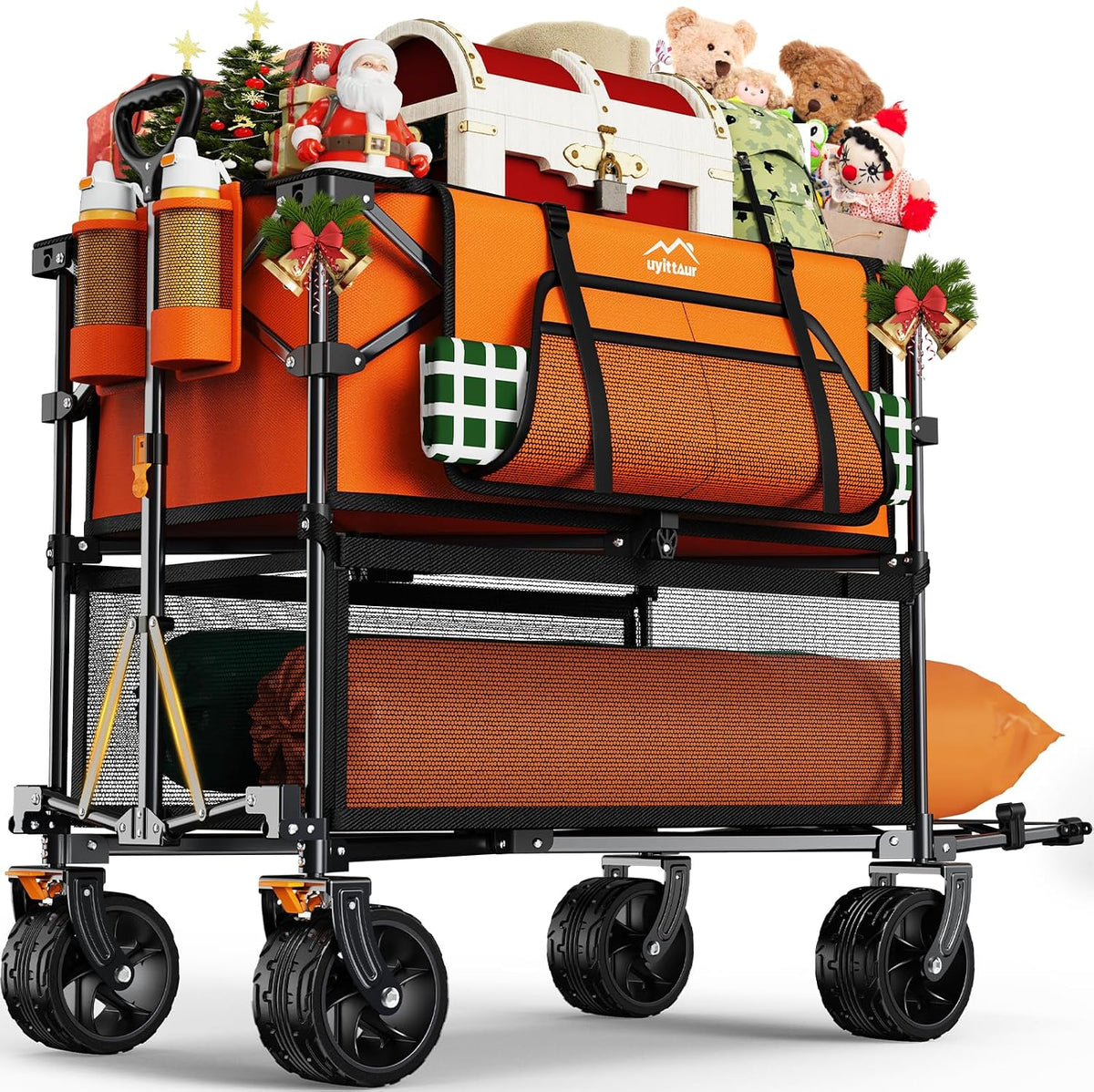 Uyittour Foldable 50''L Extra Long Double Decker Wagon for Sport, 400L Collapsible Heavy Duty Wagon Cart with Big Wheels, Utility All-Terrain Large Extender Cart for Outdoors, Orange