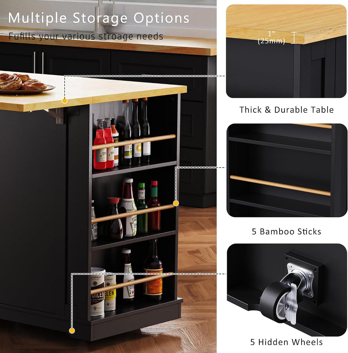 53inch Large Kitchen Island with Drop Leaf, Power Outlet, Internal Storage Rack, Rolling Kitchen Cart On 5 Wheels with 5 Open Side Racks for Kitchen, Dining Room, Black