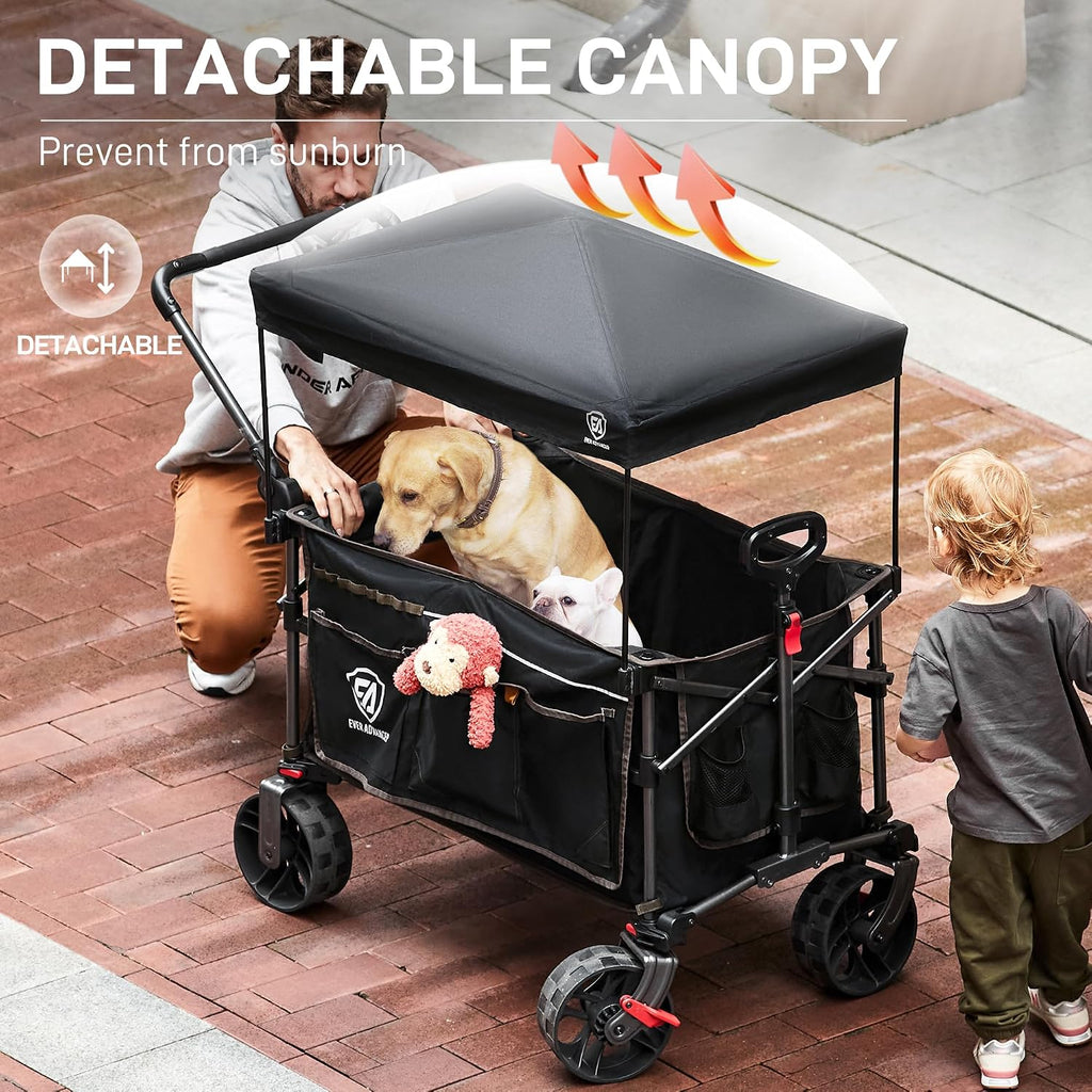 EVER ADVANCED Folding Push Wagon with Canopy, Portable Shopping Cart with Brakes, Collapsible Wagon Cart with All-Terrain Big Wheels for Camping, Beach, Sports