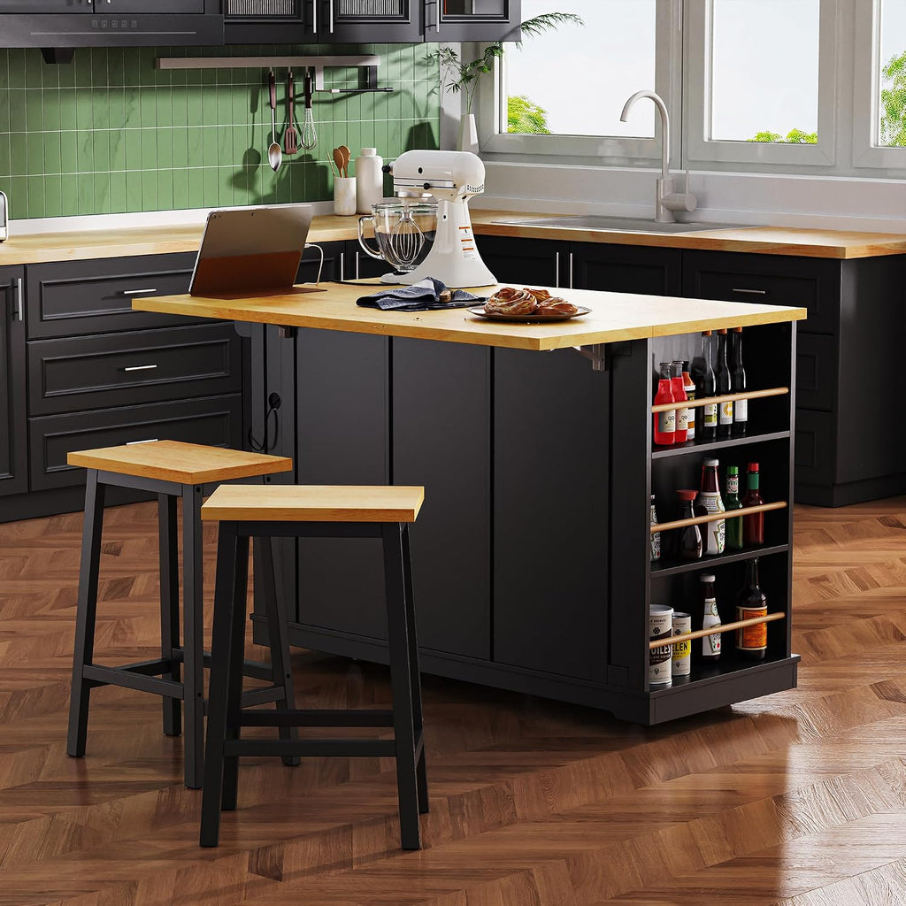53inch Large Kitchen Island with Drop Leaf, Power Outlet, Internal Storage Rack, Rolling Kitchen Cart On 5 Wheels with 5 Open Side Racks for Kitchen, Dining Room, Black